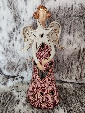 Ceramic Angel Figurine in Burgundy and White with Gold Accents Candle Light